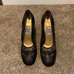 Versace black satin & mesh beaded heels